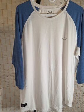 Oakley White Baseball Raglan Tee with Blue Sleeves